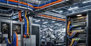 Cabeamento industrial organizado em eletrocalhas, conectando painéis de controle e robôs da linha de produção automatizada.