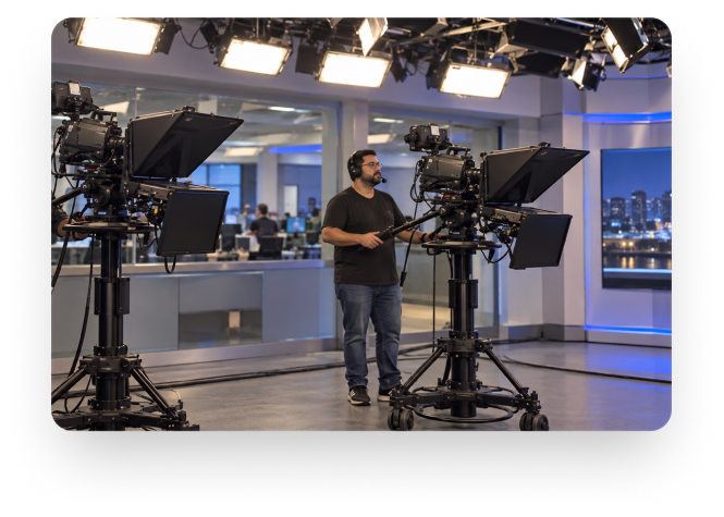 Container (10) Operador de câmera em estúdio de televisão com câmeras de estúdio, teleprompters e iluminação profissional.