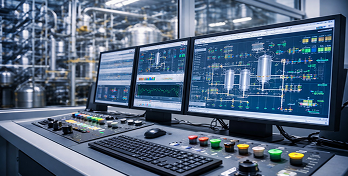 Sala de controle com sistema de supervisão e painéis de comando, aplicação de cabos de controle, comando e redes industriais.