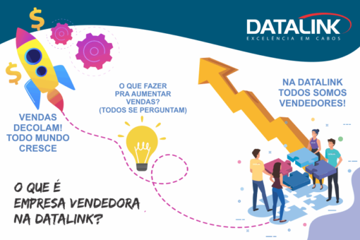 Ilustração colorida representando o crescimento e a cultura de vendas na DATALINK. A imagem mostra um foguete decolando, simbolizando o aumento das vendas, e um grupo de pessoas reunidas ao redor de uma mesa hexagonal, discutindo estratégias para impulsionar as vendas. Frases em português como ‘VENDAS DECOLAM! TODO MUNDO CRESCE’ e ‘NA DATALINK TODOS SOMOS VENDEDORES!’ destacam a cultura de vendas da empresa. O logotipo da DATALINK e o slogan ‘EXCELÊNCIA EM CABOS’ também estão presentes.