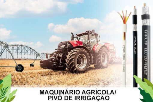 Ao fundo, um maquinário agrícola de colheita, e a frente, as possibilidades de cabos que podem ser usados (Cabo coaxial DLC 213 Premium e DLC 58 e Cabos Manga).