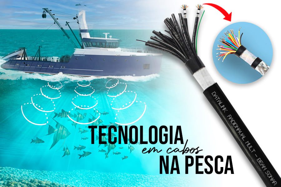 Aplicação de tecnologia em cabos na indústria da pesca. Um barco de pesca está no mar, com cabos subaquáticos conectando-se a um sonar para se localizar cardume de peixes. 