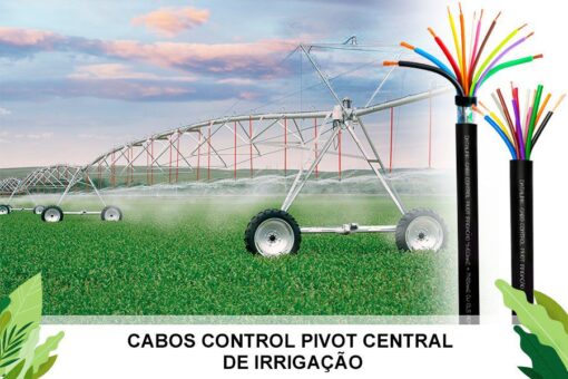 Sistema de irrigação pivot central em um campo verde, com um céu parcialmente nublado ao fundo e uma ilustração de cabos coloridos no canto superior direito. O texto ‘CABOS CONTROL PIVOT CENTRAL DE IRRIGAÇÃO’ é destacado.