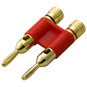 Conector Som Banana Duplo Vermelho +/- Dourado para cabo 2,5mm².