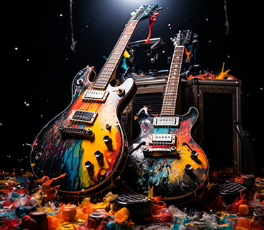 Imagem de duas guitarras coloridas escoradas sobre uma caixa de som