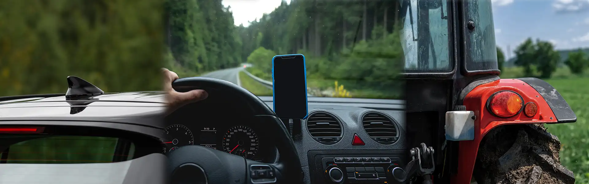 Banner composto por três imagens transicionadas, sendo a primeira a antena traseiro de um carro e após ela, uma em perspectiva do motorista de dentro de um carro, dirigindo em uma estrada sinuosa cercada por vegetação exuberante, transicionando para a visão de um pneu de trator lamacento e luz traseira.