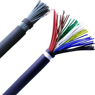 Dois cabos multicondutores pretos, com grande variedade de fios internos coloridos, sobre um fundo branco.