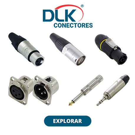 Variedade de conectores elétricos da marca DLK CONECTORES, apresentados contra um fundo branco, destacando a diversidade e qualidade para aplicações profissionais, com um botão ‘EXPLORAR’ para mais informações.