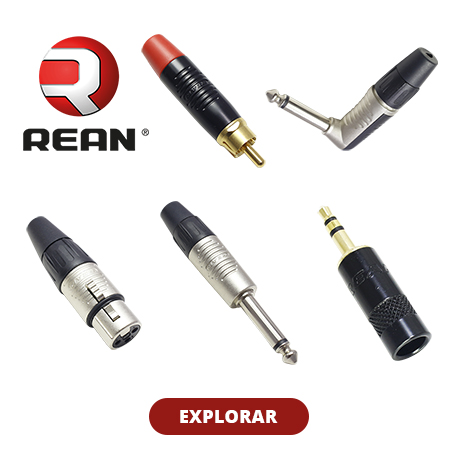 Variedade de conectores de áudio da marca REAN, incluindo plugues RCA, XLR e P10, apresentados em um fundo branco com o logo da REAN e um botão ‘EXPLORAR’ para mais informações.