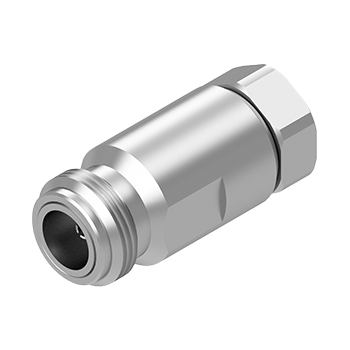 Conector coaxial C005 N Fêmea metálico prateado com estrutura cilíndrica e ranhuras na parte superior, destacando o acabamento brilhante e polido.