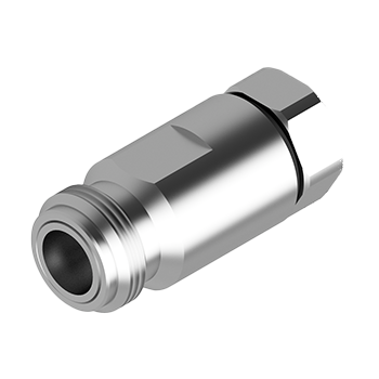 Imagem de um conector C009 N Fêmea metálico, compacto e rosqueado, utilizado para conectar Cabo Coaxial em redes de transmissão de dados e telecomunicações.