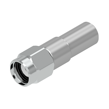 Imagem de um conector C030 SMA Macho Reverso metálico, cilíndrico e rosqueado, usado para conectar Cabo Coaxial em redes Wi-Fi e telecomunicações.