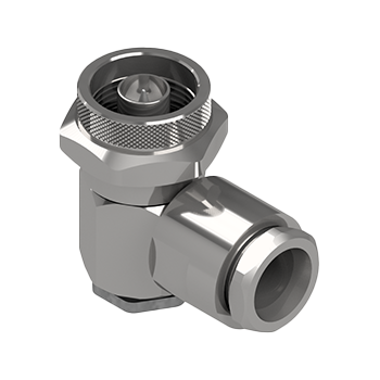 Imagem de um conector C047 N Macho Angular metálico, compacto e dobrado em ângulo reto, utilizado para conexões de Cabo Coaxial em locais de difícil acesso.