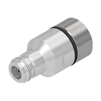 Conector coaxial C128 DIN macho metálico prateado com anéis de isolamento pretos, terminal interno dourado visível, indicando novo ou bem conservado, isolado em fundo branco.