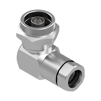 Imagem de um conector C139 N Macho Angular metálico, em formato de 90 graus, projetado para conectar Cabo Coaxial em espaços reduzidos sem comprometer o sinal.