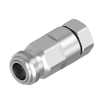 Imagem de um conector C306 N Fêmea metálico, cilíndrico e resistente, projetado para acoplar Cabo Coaxial e garantir transmissão de sinal estável.