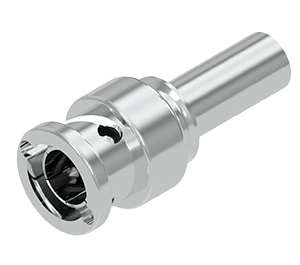 Conector coaxial C128 DIN macho metálico prateado com anéis de isolamento pretos, terminal interno dourado visível, indicando novo ou bem conservado, isolado em fundo branco.