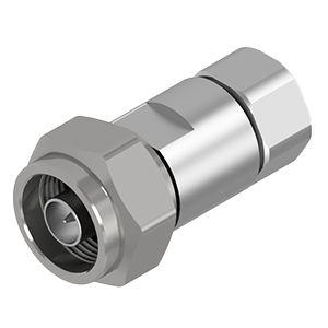 Conector coaxial C056 N Macho metálico prateado com seções hexagonais para aperto fácil, indicando durabilidade e adequação para transmissão de sinais de vídeo e áudio.