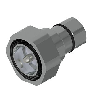 Conector coaxial C058 DIN Macho metálico prateado com mecanismo de aperto hexagonal, interior oco para passagem de cabos e roscas internas para conexão segura.