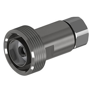 Imagem de um conector C060 DIN Fêmea metálico, cilíndrico e resistente, projetado para conectar Cabo Coaxial e garantir estabilidade em redes de telecomunicação.