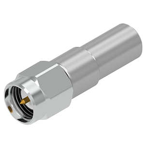 Imagem de um conector C076 SMA Macho metálico, com rosca e corpo alongado, projetado para fixação de Cabo Coaxial e transmissão de sinais de RF.