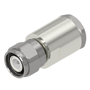 Conector coaxial C120 TNC Macho reto em metal prateado com detalhes roscados, com pino central e extremidade fêmea com ranhuras para aperto.