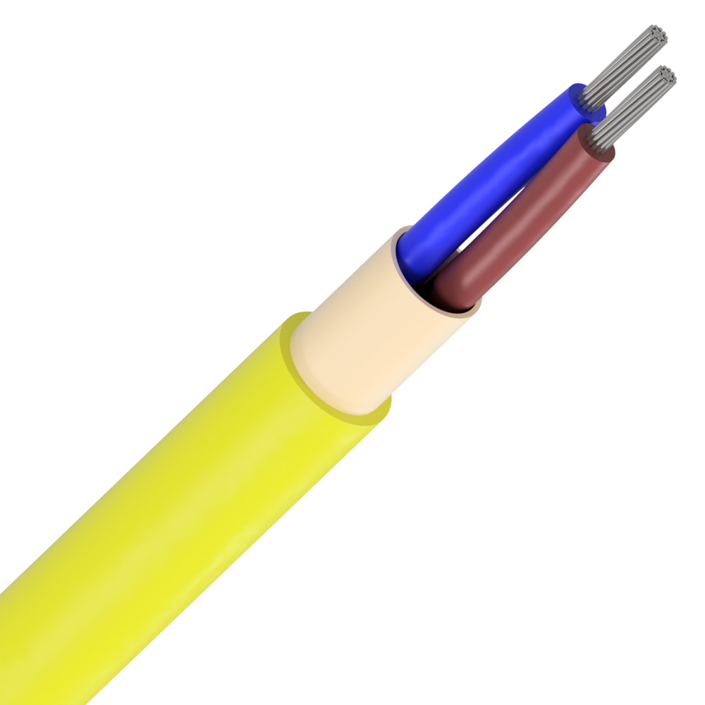 Cabo elétrico amarelo com a extremidade descascada, expondo três fios internos de cores azul, marrom e uma cor clara, provavelmente cinza ou branco, contra um fundo branco.