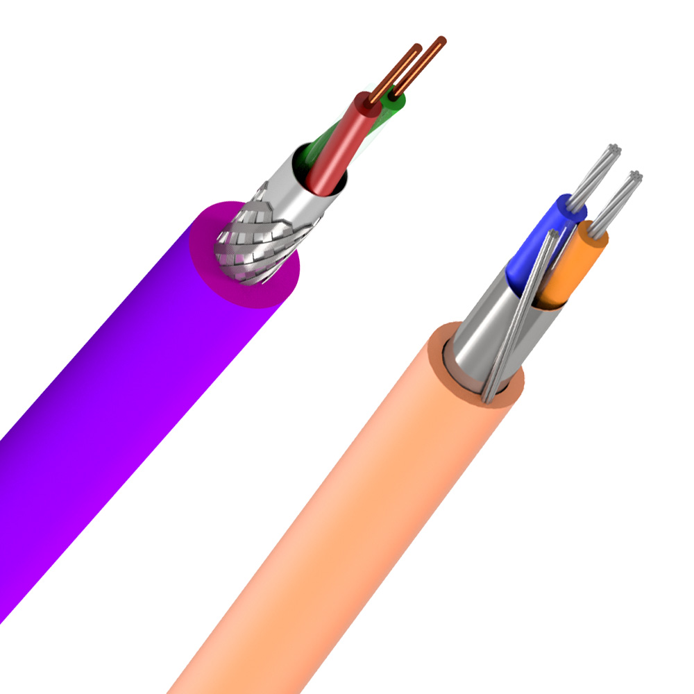 A imagem exibe dois cabos elétricos, um com cobertura roxo e outro laranja, ambos com fios internos coloridos e blindagem metálica para proteção contra interferências.