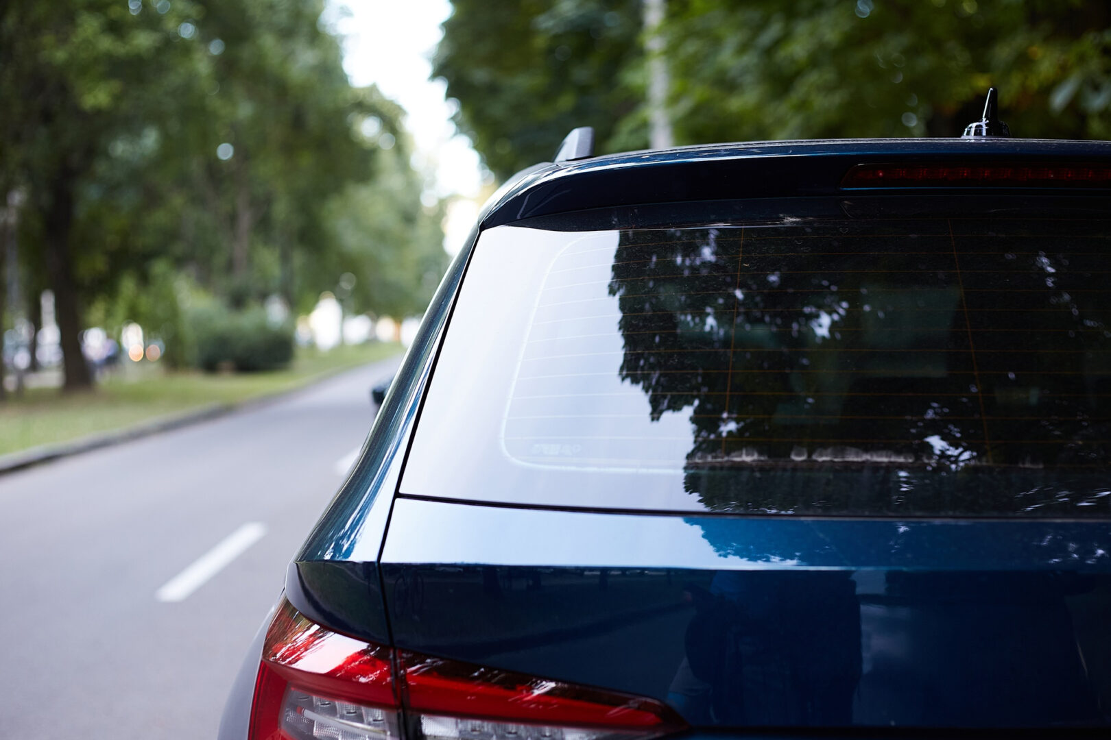 Fotografia da parte traseira de um carro de cor escura estacionado em uma rua arborizada. O vidro traseiro reflete as árvores ao redor, e no fundo vê-se uma via com vegetação dos dois lados.