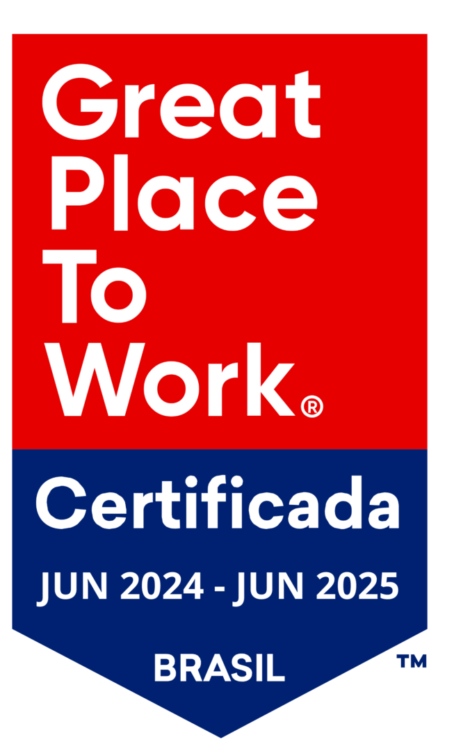 Selo da Great Place to Work certificando a empresa como um ótimo lugar para trabalhar no Brasil, de junho de 2024 a junho de 2025, em vermelho, azul e branco.