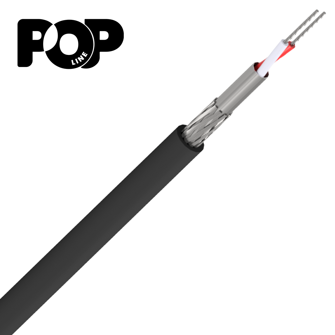 Cabo microfone POP-Line com revestimento externo preto, blindagem metálica e condutores internos 0,20mm² isolados em branco e vermelho