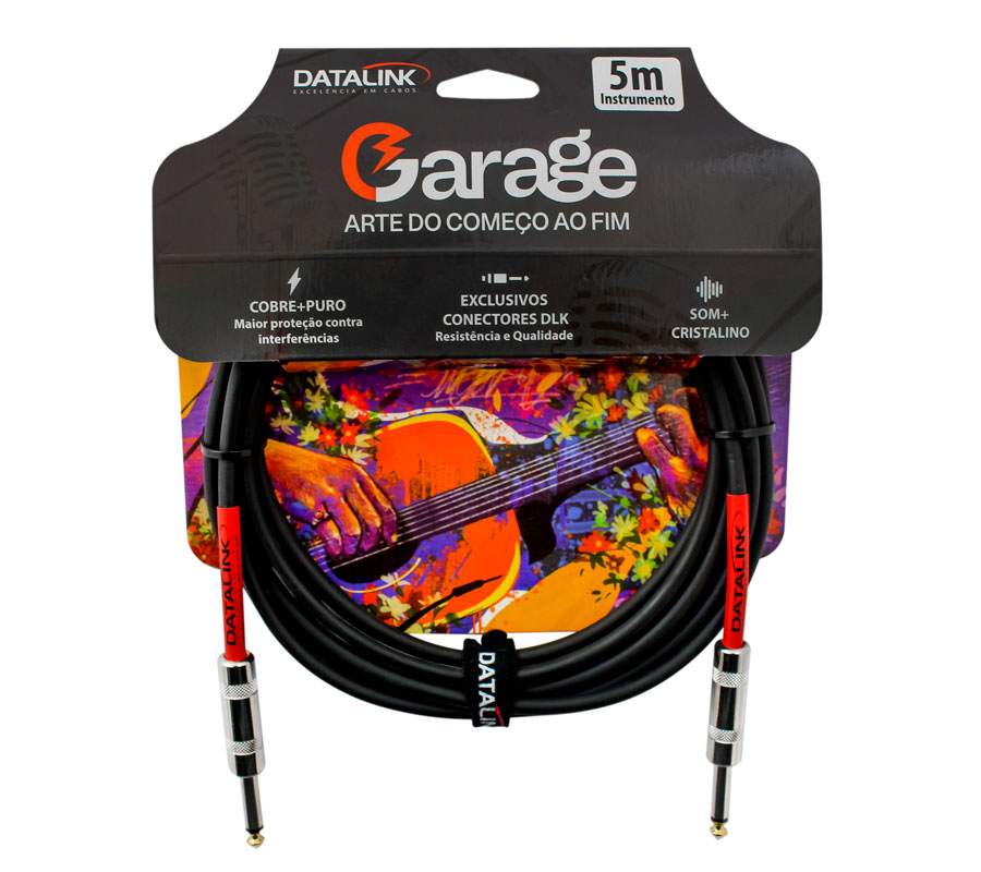 GI008 Cabo guitarra preto de 5m na embalagem colorida com guitarra elétrica e a marca Garage.