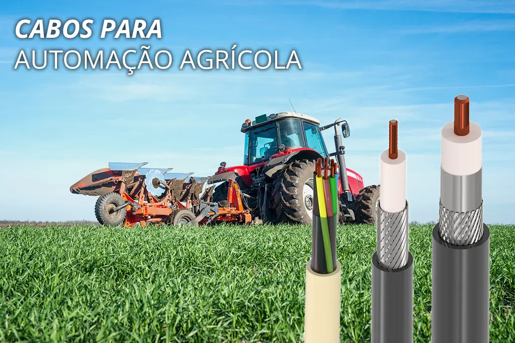 Trator com implemento agrícola operando em plantação. No primeiro plano, cabos elétricos e cabo agronegócio expostos para automação agrícola.