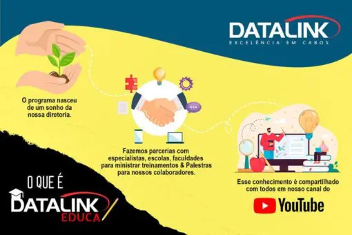 Datalink-Educa-site Ilustração colorida representando o programa DATALINK EDUCA. A imagem mostra uma mão segurando um broto de planta, simbolizando o início do programa. Há também duas mãos apertadas em um gesto de acordo, indicando parcerias com especialistas, escolas e faculdades para oferecer treinamentos e palestras. Uma pessoa está sentada em frente a um computador, simbolizando o compartilhamento de conhecimento através do canal do YouTube da empresa. O logotipo da DATALINK e o texto ‘O QUE É DATALINK EDUCA’ estão destacados na imagem.