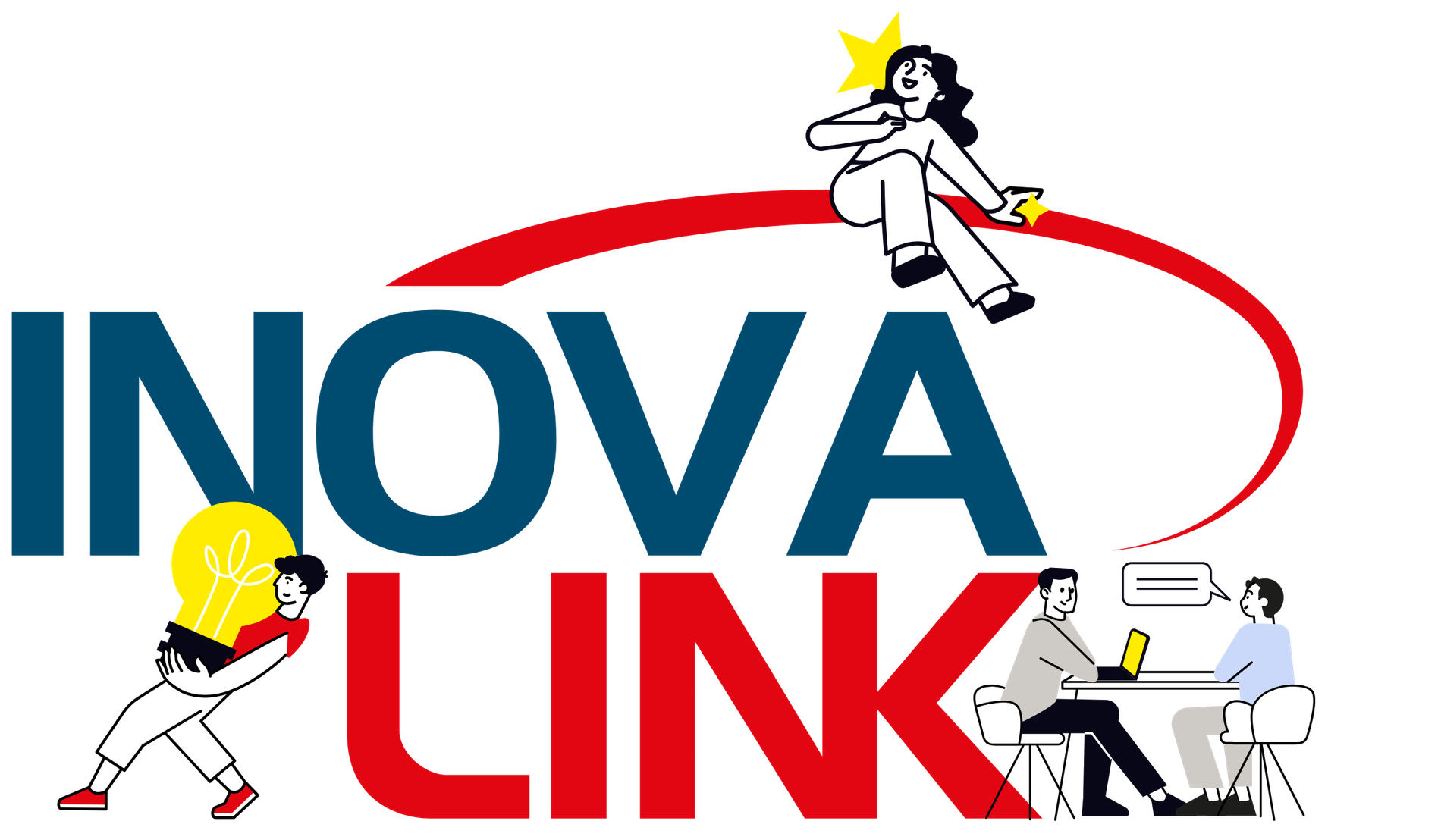 LOGO INOVA LINK Logotipo do PROGRAMA INOVAÇÃO, apresentando o texto ‘PROGRAMA’ em letras maiúsculas pretas e ‘INOVAÇÃO’ em letras maiúsculas vermelhas e azuis. Uma lâmpada amarela, simbolizando uma ideia ou inovação, substitui o ‘O’ em ‘INOVAÇÃO’. Um oval vermelho circula parte do texto e a lâmpada.