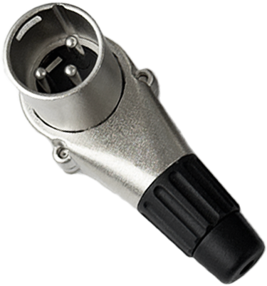 Conector XLR macho de 3 pinos com corpo metálico prateado e capa traseira preta, usado em áudio profissional.