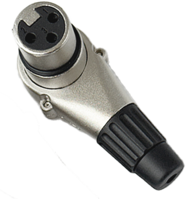 Conector XLR fêmea de 3 pinos com corpo metálico prateado e capa traseira preta, comum em equipamentos de áudio.