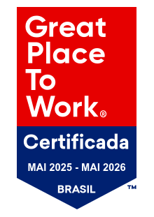 Selo da Great Place to Work certificando a empresa como um ótimo lugar para trabalhar no Brasil, de junho de 2024 a junho de 2025, em vermelho, azul e branco.