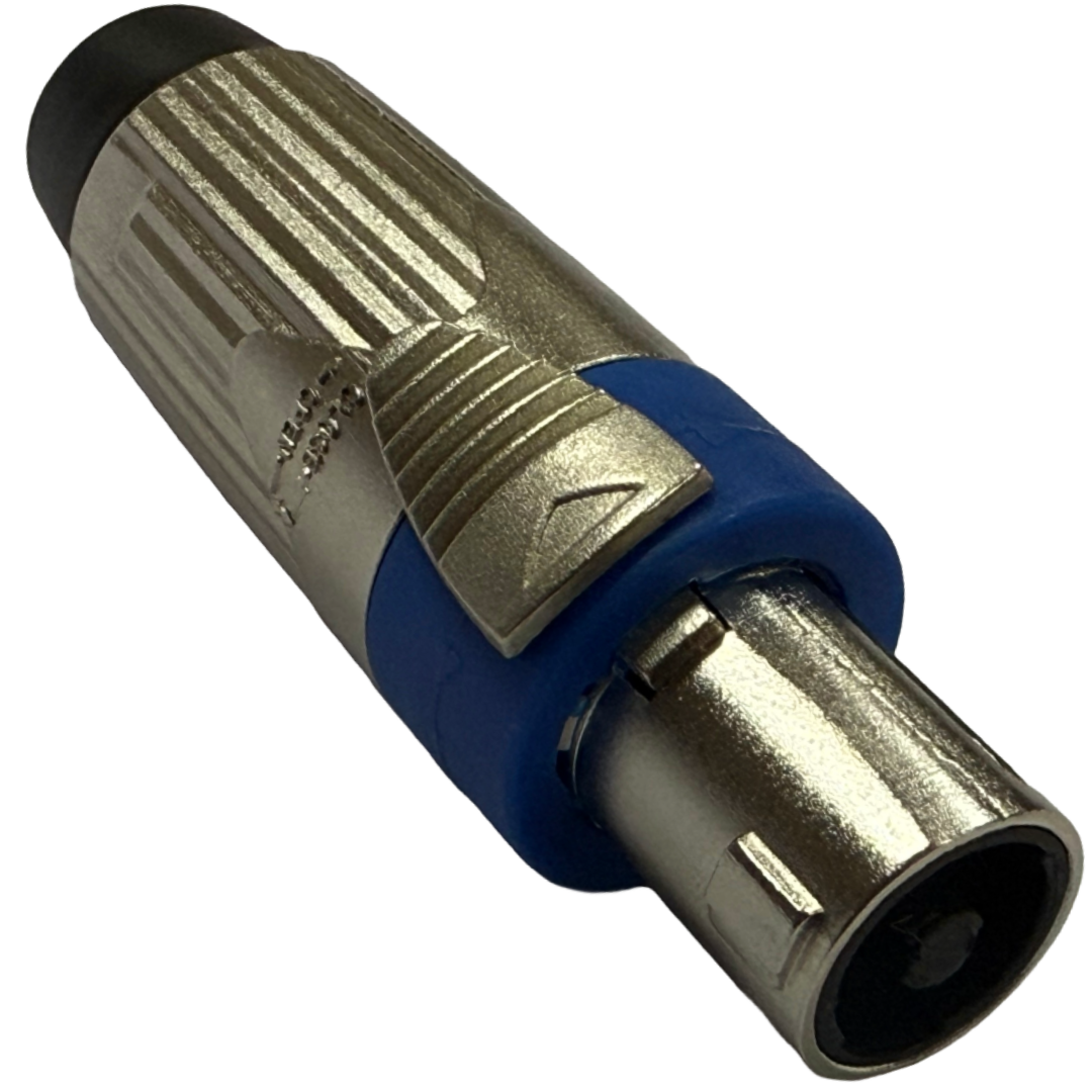 Plugs de áudio e conectores de áudio DLK - Conector, plugs e adaptador - Sonorização. Conector de som SpeakOn fêmea de 4 polos metálico com detalhe azul.