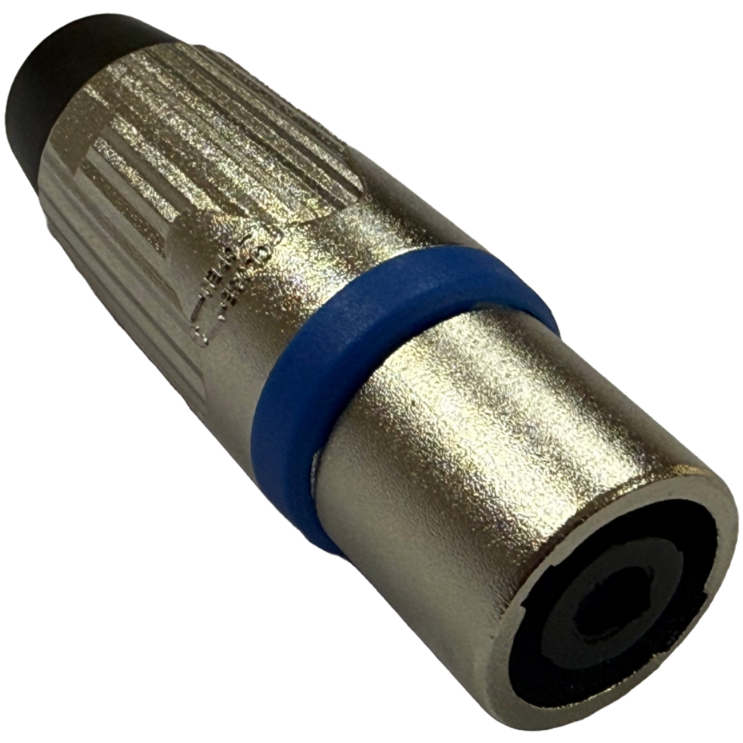 Plugs de áudio e conectores de áudio DLK - Conector, plugs e adaptador - Sonorização. Conector de som SpeakOn macho 4 polos, corpo metálico prateado com detalhe azul e preto.