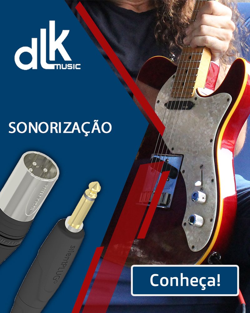 Imagem de conectores de áudio profissional destacado à frente de uma guitarra elétrica, representando soluções em sonorização. A palavra 'Sonorização' aparece em destaque ao lado, acompanhada do logo de uma empresa no canto superior esquerdo e um botão com o texto 'Conheça!' no canto inferior direito.