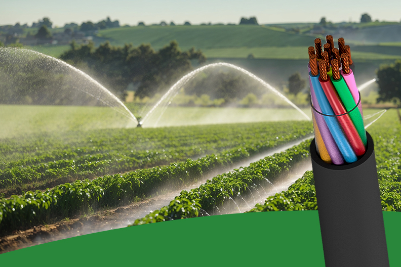 Imagem de um sistema de irrigação por pivô central em lavoura verde, com jatos d’água. À direita, um Cabo Agronegócio exposto.