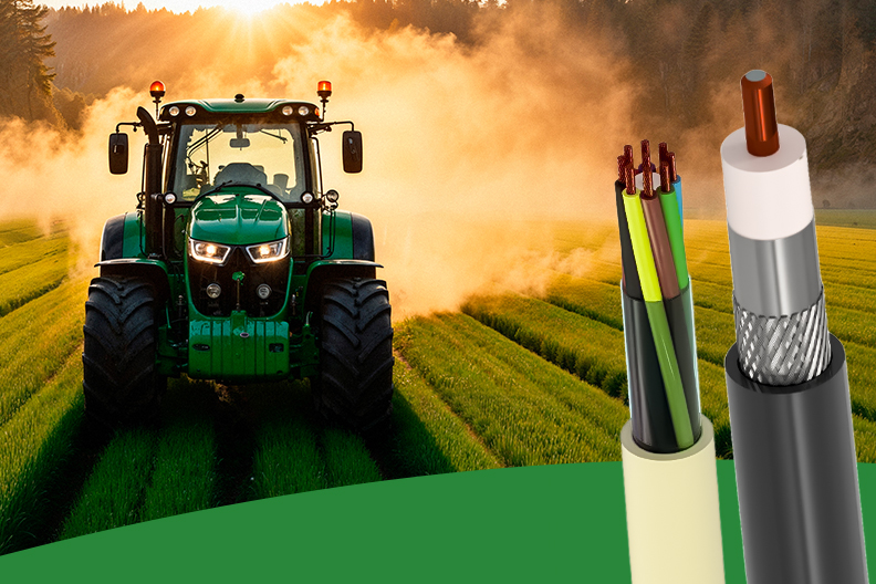Trator com implemento agrícola operando em plantação. No primeiro plano, cabos elétricos e cabo agronegócio expostos para automação agrícola.