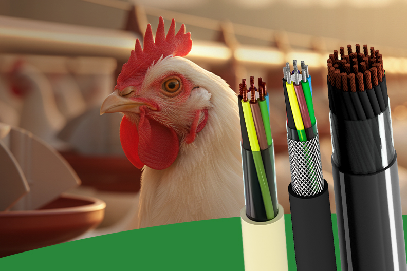 Sistema de comedouro automático com ave bebendo água. No primeiro plano, cabos elétricos Cabo Agronegócio para automação agrícola.