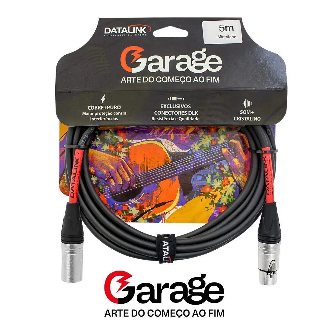 Cabo microfone Garage-Line com conectores XLR e 5 metros de comprimento , embalado em cinta com design artístico de violão colorido. Logotipo 'Garage' com o slogan 'Arte do Começo ao Fim'.