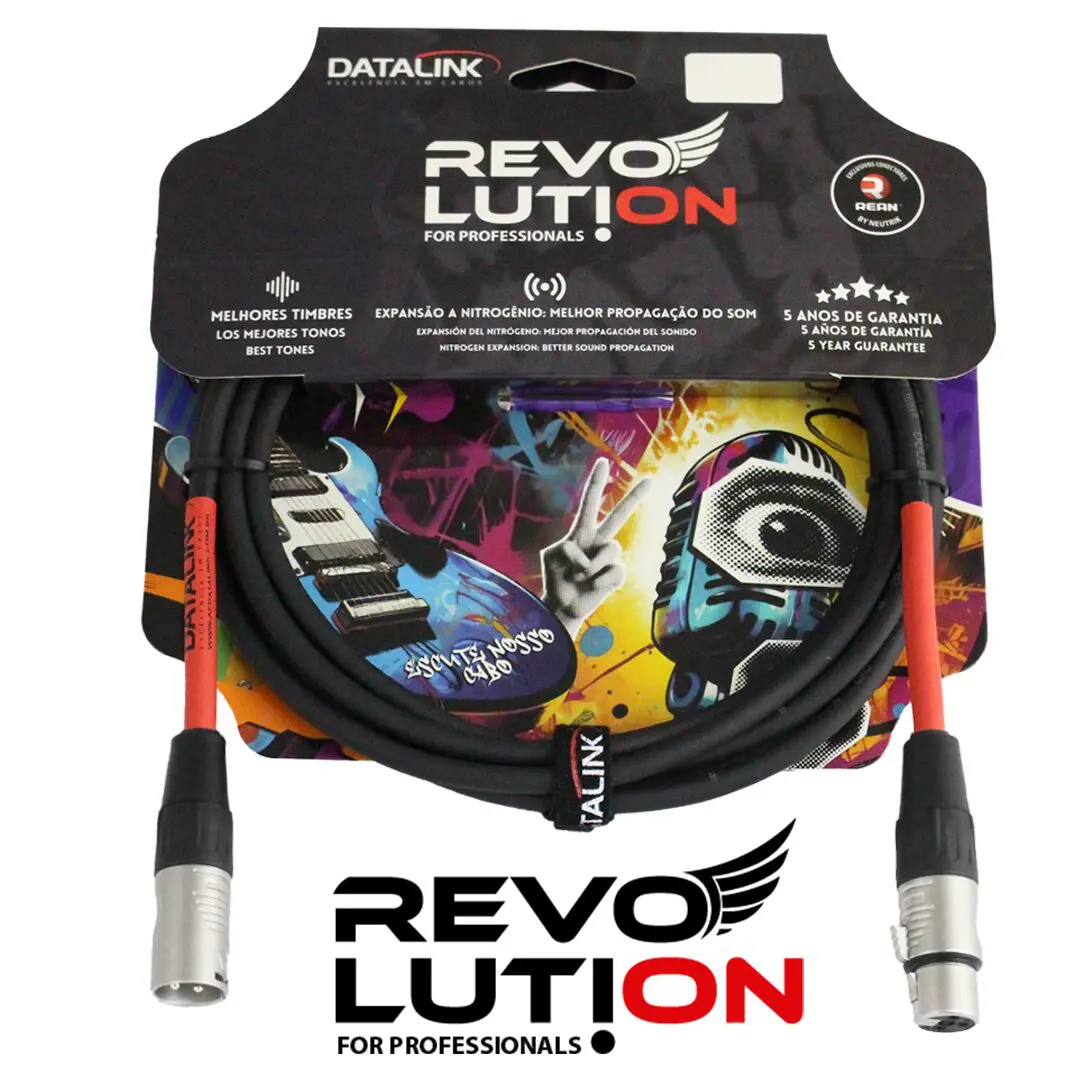 Cabo microfone Revolution-Line com conectores XLR, embalado em embalagem colorida temática musical com destaque para teclado e grafismos. Produto de alta qualidade com 3 anos de garantia, logotipo 'Revolution for Professionals' exibido na parte superior.