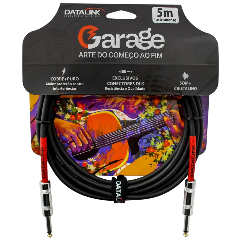 Cabo instrumento Datalink Garage 5m – Cabo preto com conectores P10, embalagem com arte colorida e detalhes sobre cobre puro e som cristalino.