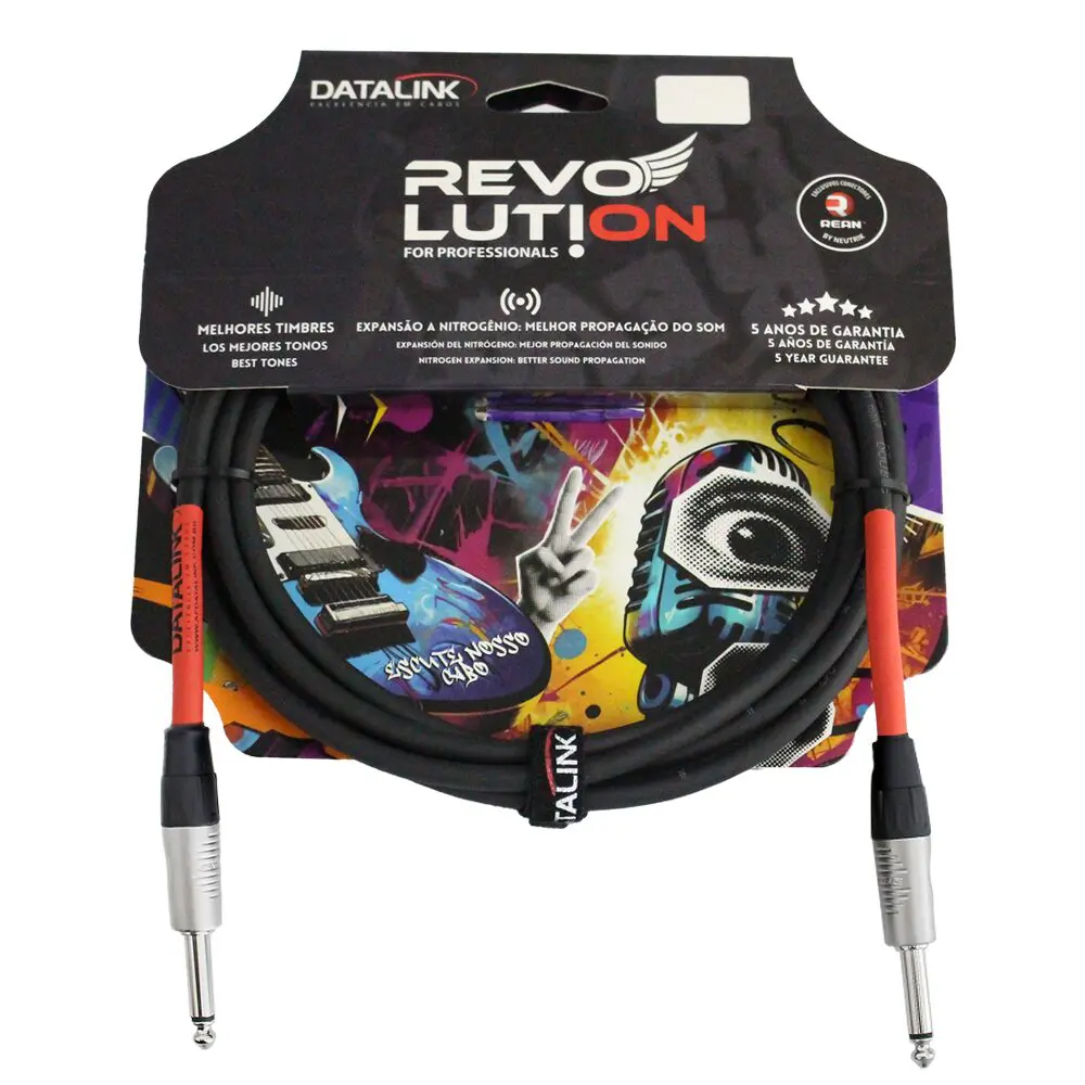 Cabo instrumento Datalink Revolution – Cabo preto com conectores P10 prateados, embalagem com arte vibrante e informações sobre tecnologia anti-ruído.