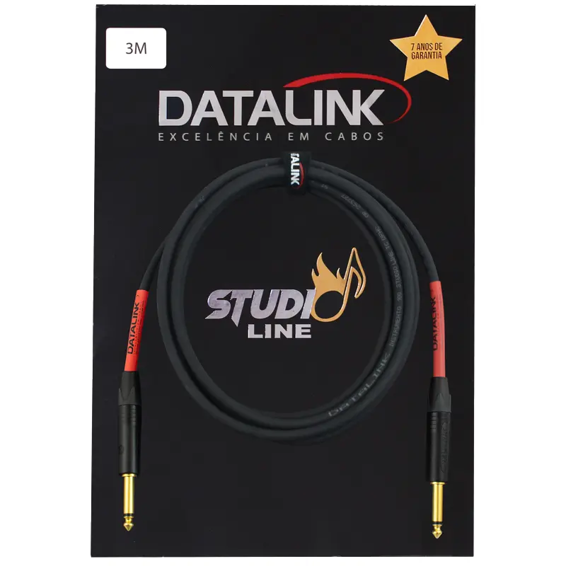 Cabo instrumento Datalink Studio Line 3m – Cabo preto com conectores P10 dourados, embalagem preta com detalhes vermelhos, ideal para estúdio.