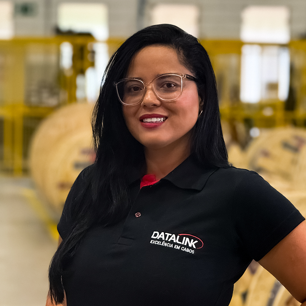 Esta imagem mostra nossa vendendora Karen do Anjos vestindo uma camisa polo preta e vermelha com o logotipo “Datalink, Tecnologia em cabos”, em um fundo branco.